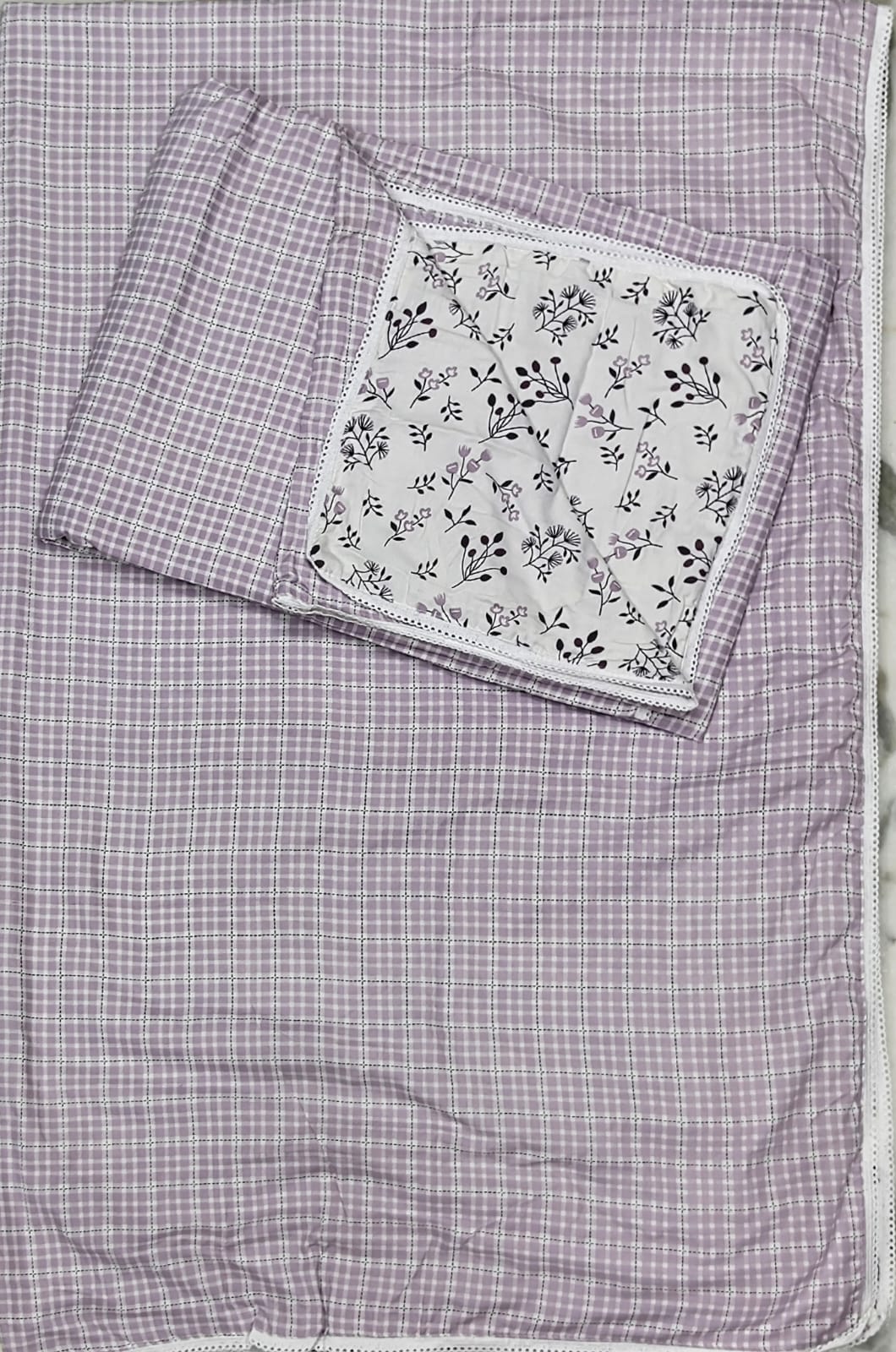 Lavender plaid dohar with floral patch